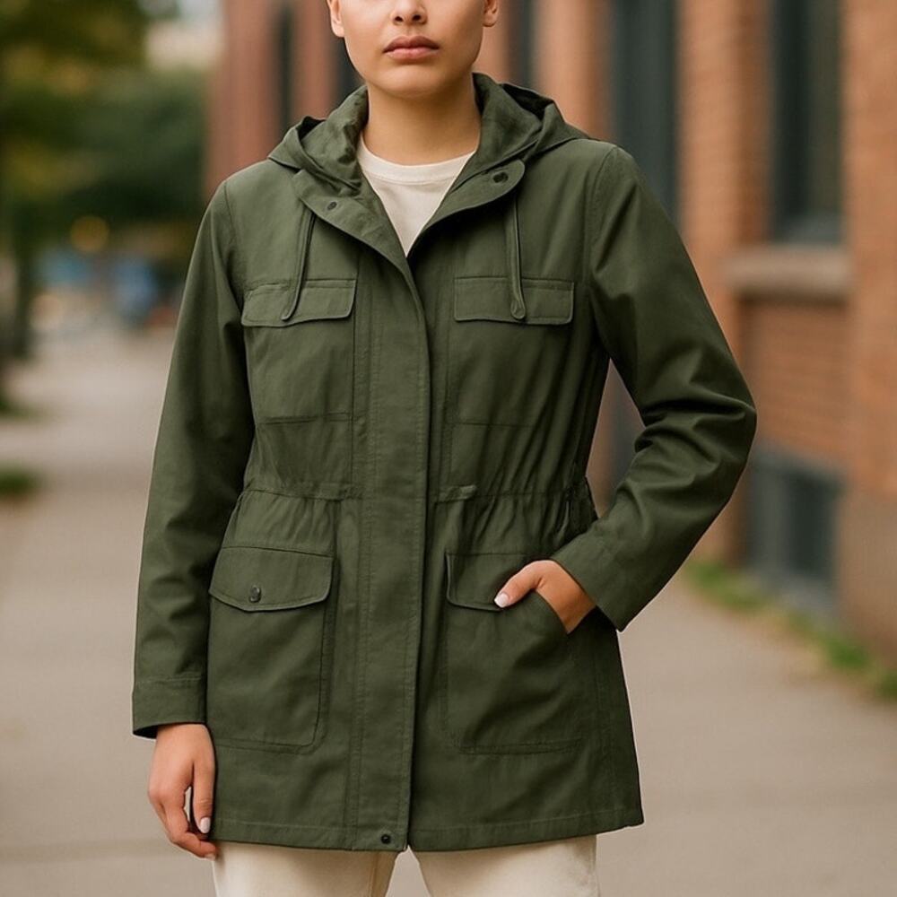 Love Tree Women’s Medium Olive Green Cinch Waist Cargo Utility Jacket w/ Hood